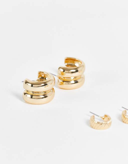 ASOS DESIGN pack of 3 hoop earrings in double row and rib designs in gold tone, 4 of 4