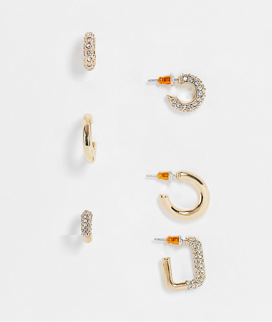 ASOS DESIGN pack of 3 hoop earrings in mixed crystal in gold tone