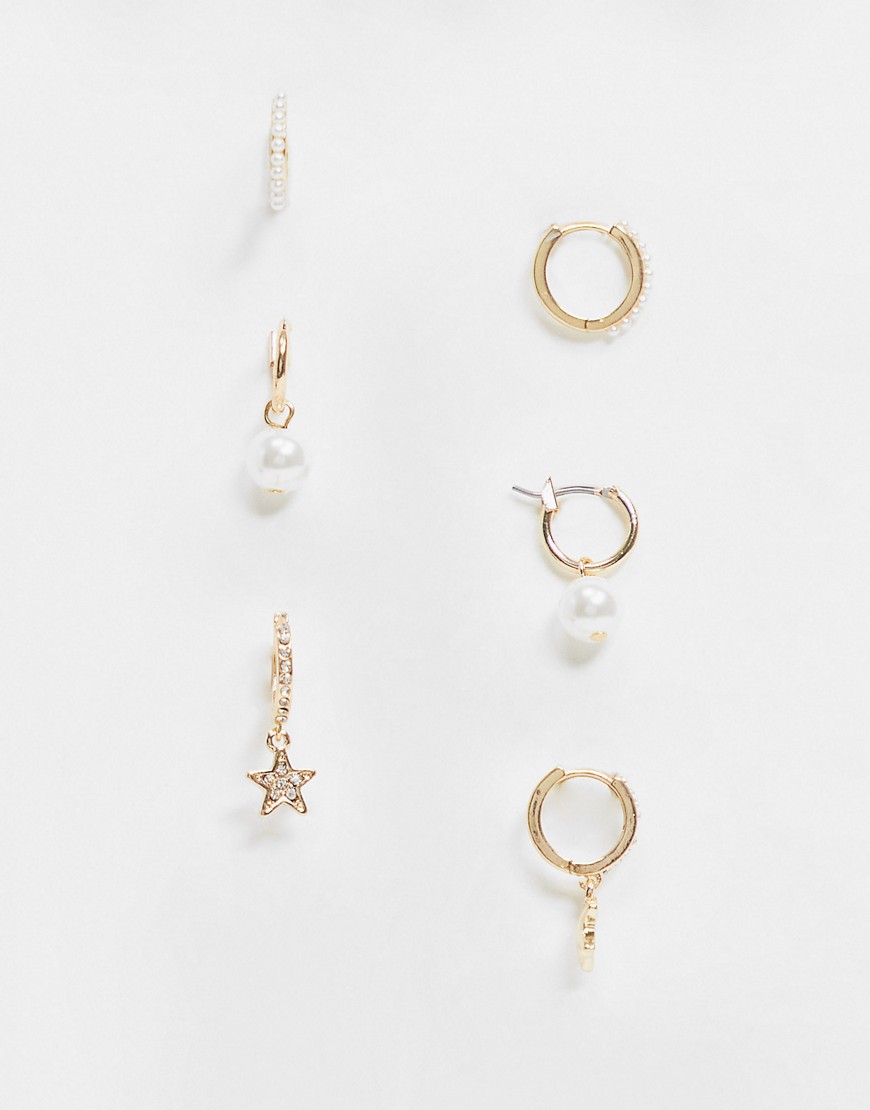 ASOS DESIGN pack of 3 hoop earrings in pearl and star charms in gold tone