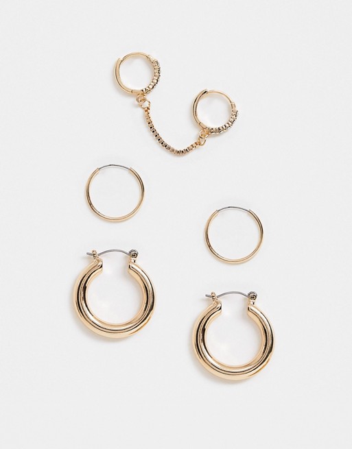 ASOS DESIGN pack of 3 hoop earrings with crystal chain link in gold tone
