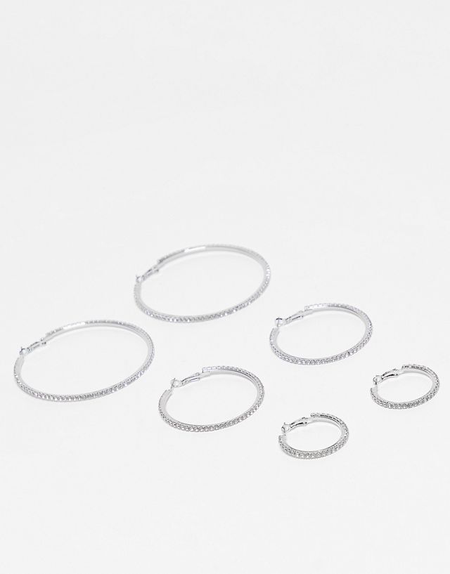 ASOS DESIGN pack of 3 hoop earrings with crysyal design in silver tone