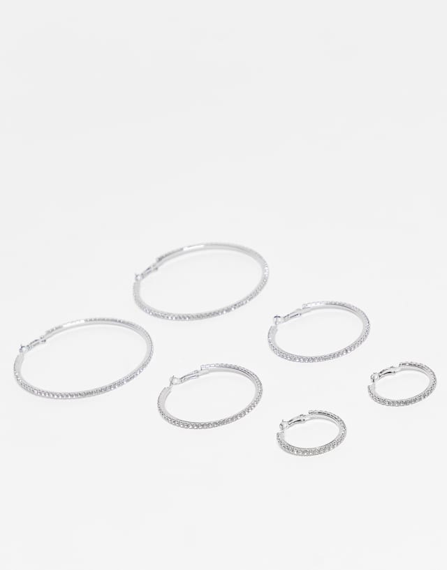 ASOS DESIGN - pack of 3 hoop earrings with crysyal design in silver tone