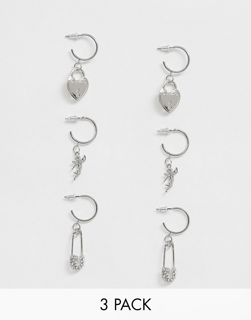ASOS DESIGN pack of 3 hoop earrings with hanging charms in silver tone