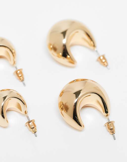 ASOS DESIGN pack of 3 hoop earrings with mixed chubby detail in gold tone, 2 of 3