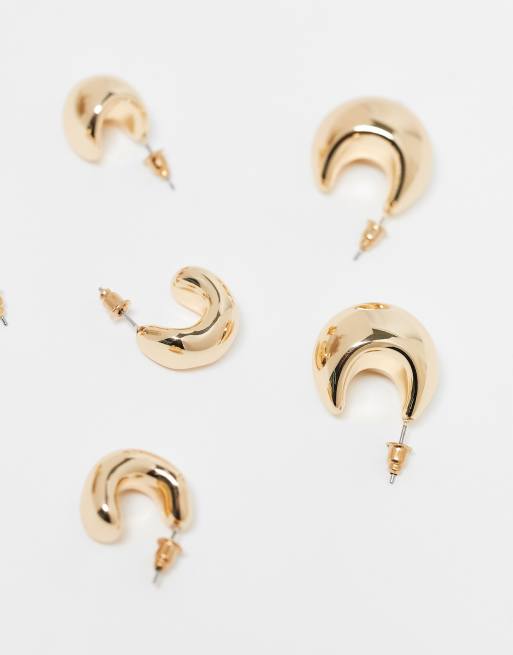ASOS DESIGN pack of 3 hoop earrings with mixed chubby detail in gold tone, 3 of 3
