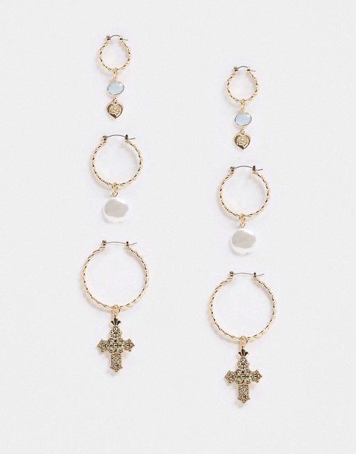 ASOS DESIGN pack of 3 hoop earrings with pearl and cross charms in gold tone