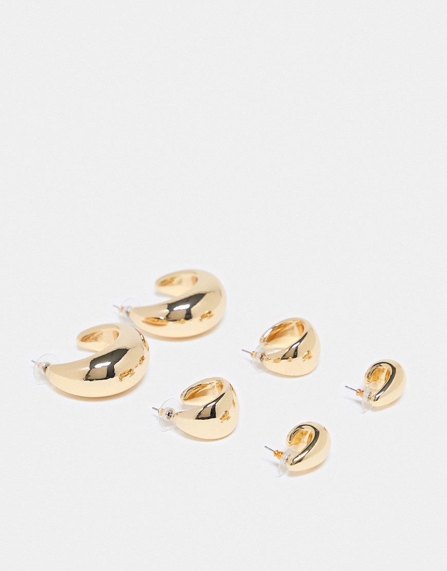 ASOS DESIGN pack of 3 hoop earrings with wide sleek design in gold tone