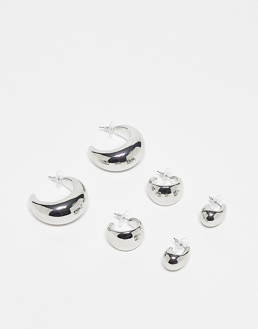 ASOS DESIGN pack of 3 hoop earrings with wide sleek design in silver tone