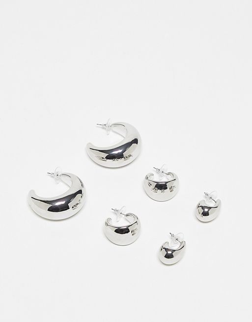 CerbeShops DESIGN pack of 3 hoop earrings with wide sleek design in silver tone