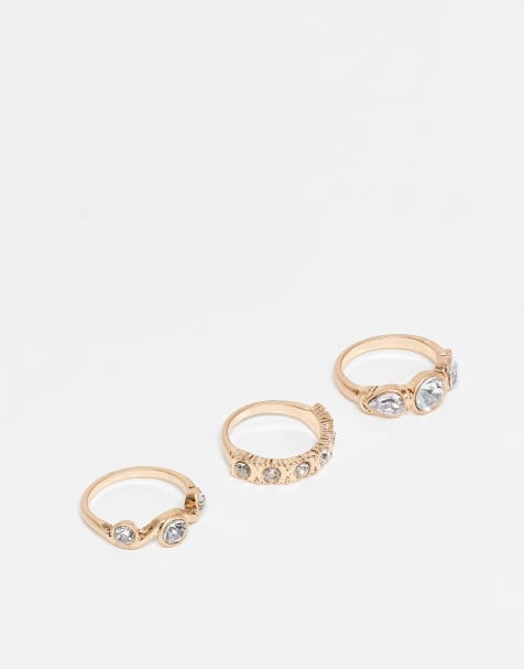 ASOS DESIGN pack of 3 mixed crystal design rings in gold tone - view 1