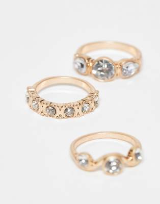 Asos Design Pack Of 3 Mixed Crystal Design Rings In Gold