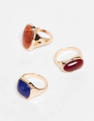 Asos Design Pack Of 3 Mixed Faux Semi Precious Stone Rings In Multi