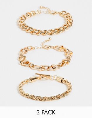 ASOS DESIGN pack of 3 mixed texture chain bracelets in gold tone