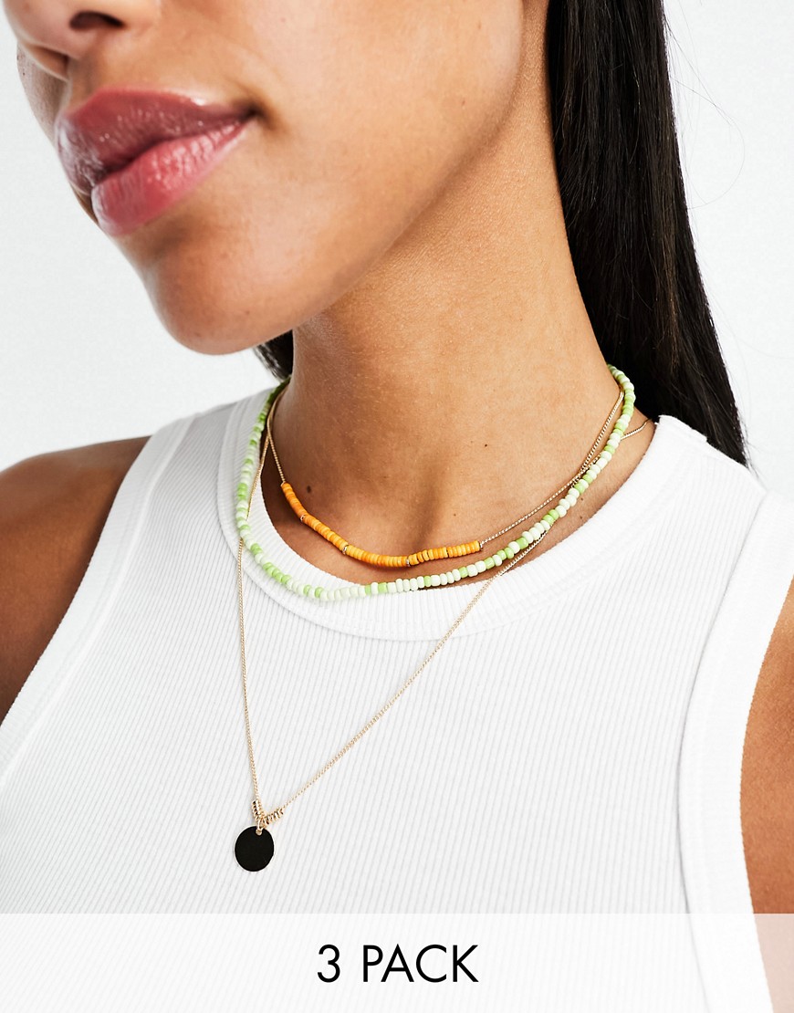 Asos Design Pack Of 3 Necklaces With Bead And Chain Design In Gold Tone