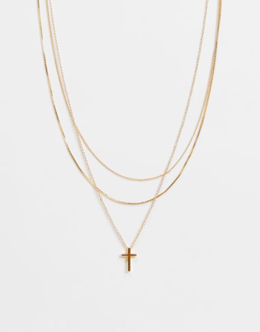 ASOS DESIGN pack of 3 necklaces with cross pendant in gold tone