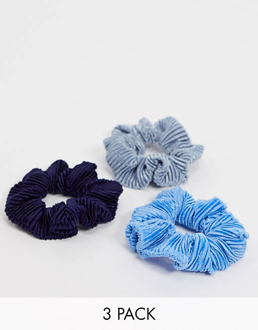 ASOS DESIGN pack of 3 pleated velvet scrunchies in blue tones