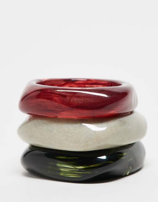 ASOS DESIGN pack of 3 resin bangles in burgundy and green