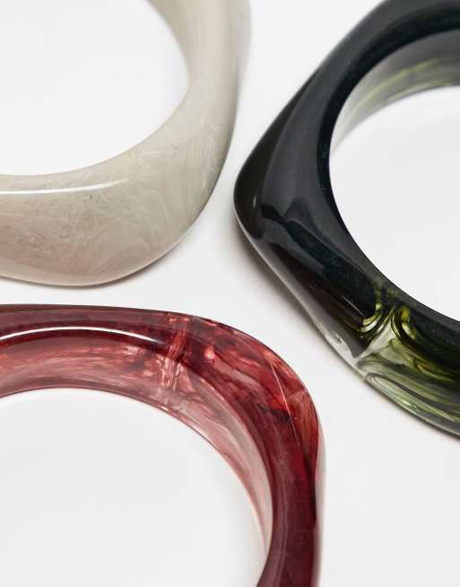ASOS DESIGN pack of 3 resin bangles in burgundy and green