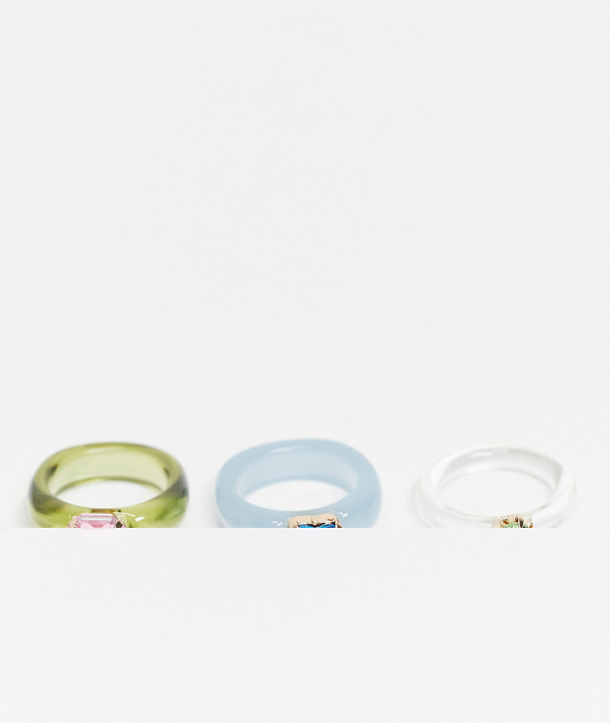 ASOS DESIGN pack of 3 rings in mixed plastic with coloured crystals stones-Multi