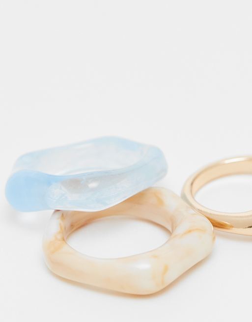 ASOS DESIGN pack of 3 rings in mixed resin and gold tone, 3 of 3