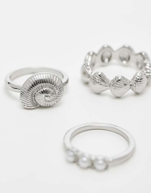 ASOS DESIGN pack of 3 rings in shell and faux pearl design in silver tone, 2 of 3