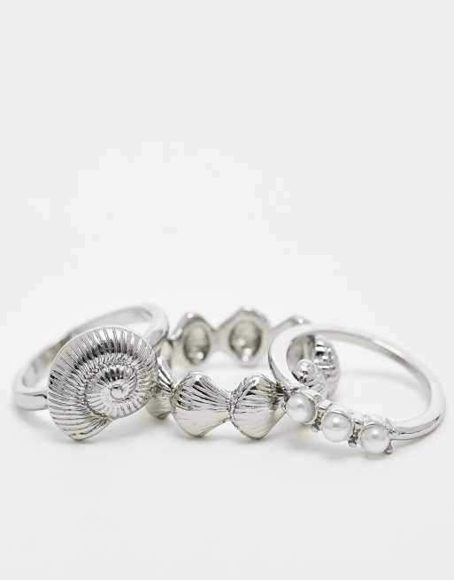 ASOS DESIGN pack of 3 rings in shell and faux pearl design in silver tone, 3 of 3