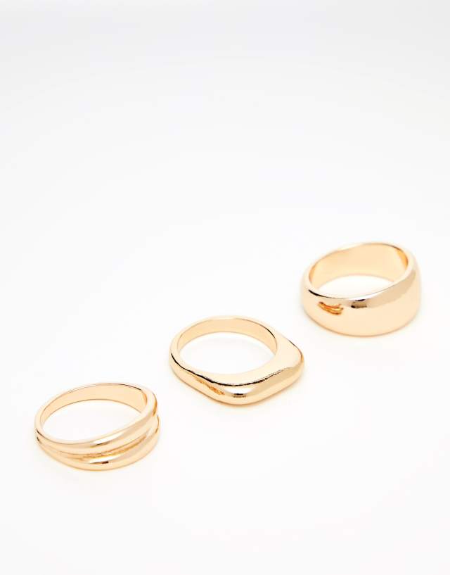 ASOS DESIGN pack of 3 rings with chunky abstract design in gold tone