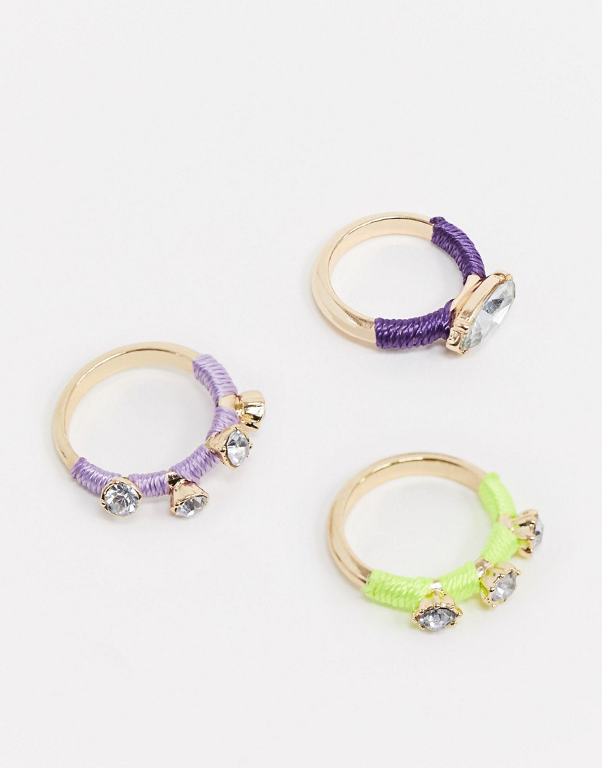 ASOS DESIGN pack of 3 rings with colour bands and crystal stones-Multi