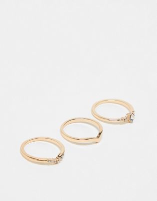 ASOS DESIGN pack of 3 rings with delicate cubic zirconia design in gold tone