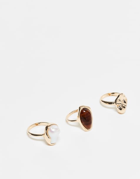 ASOS DESIGN pack of 3 rings with faux pearl and molten design in gold tone - view 1