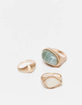 Asos Design Pack Of 3 Rings With Faux Semi Precious Stone Set In Gold