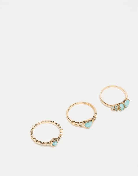 ASOS DESIGN pack of 3 rings with faux semi precious stones in gold tone - view 1