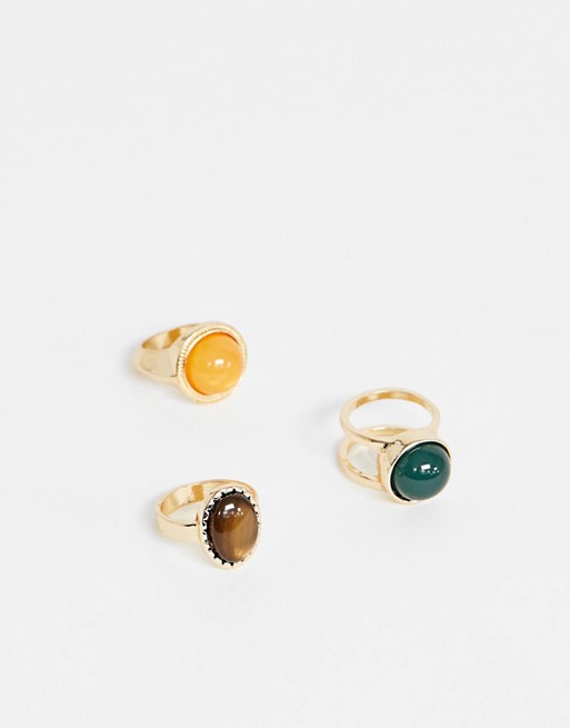 ASOS DESIGN pack of 3 rings with faux tigers eye and stone detail in gold tone