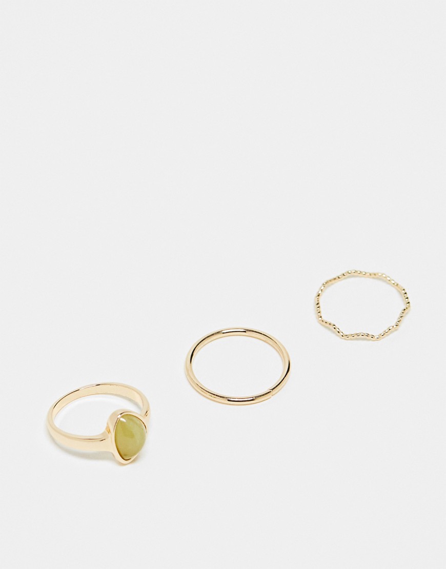 ASOS DESIGN pack of 3 rings with green stone and wiggle design in gold tone