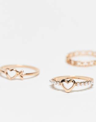 Asos Design Pack Of 3 Rings With Heart Details