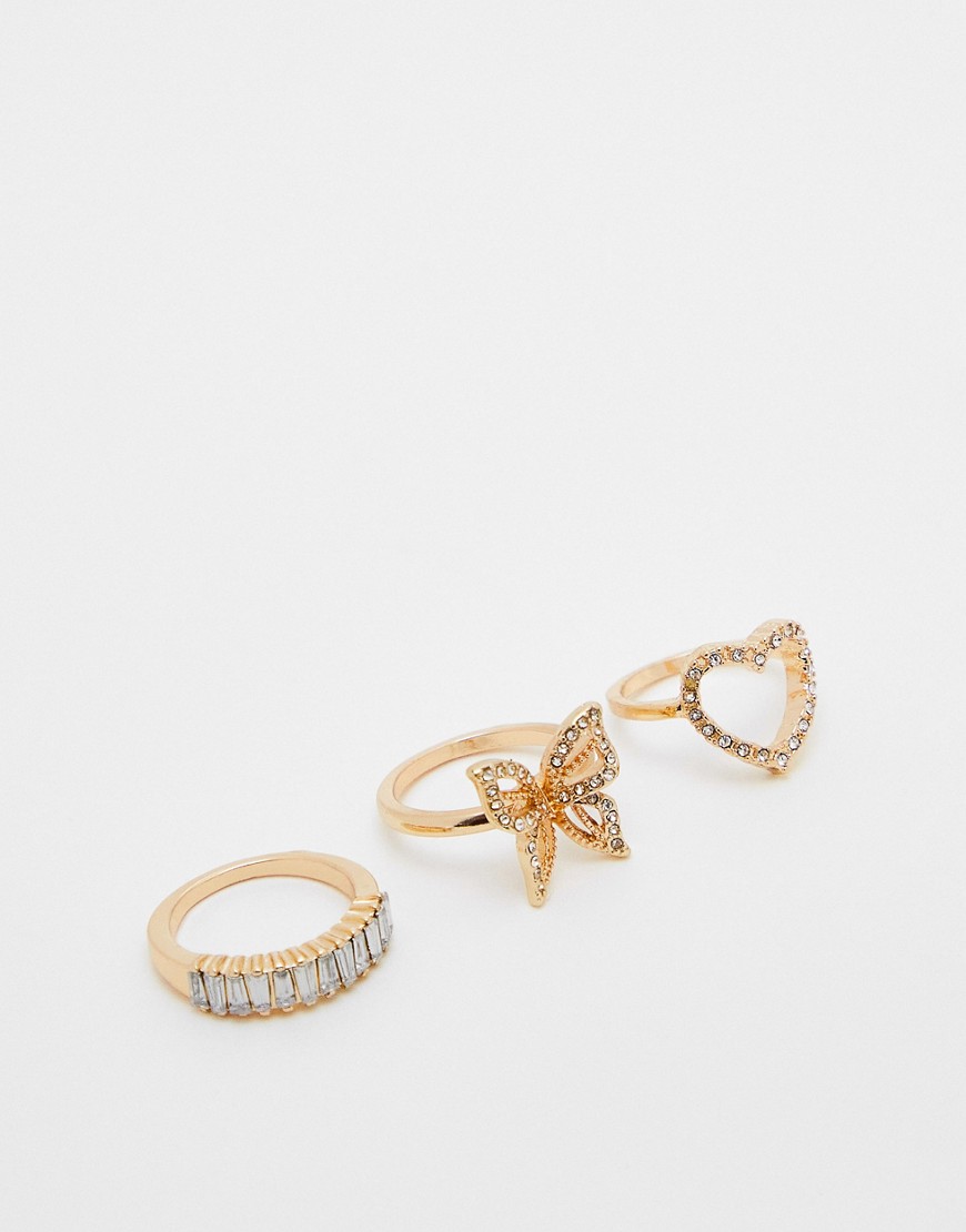 ASOS DESIGN pack of 3 rings with mixed crystal design in gold tone