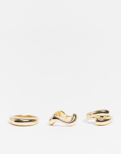 ASOS DESIGN pack of 3 rings with mixed minimal designs in gold tone