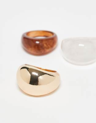 Asos Design Pack Of 3 Rings With Mixed Resin And Gold Tone-multi