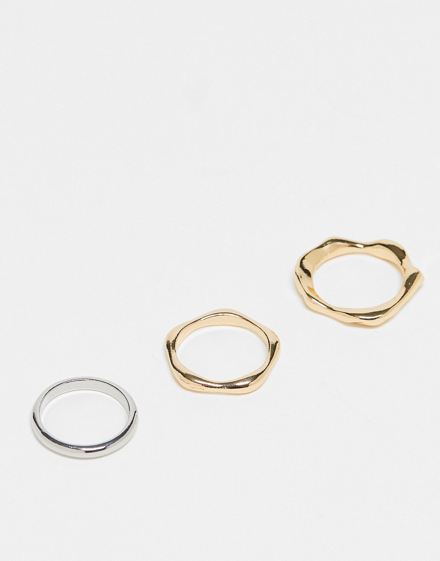 ASOS DESIGN pack of 3 rings with molten design in mixed metal-Multi