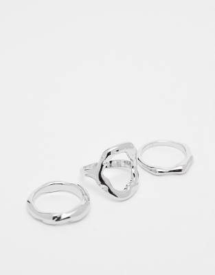 ASOS DESIGN pack of 3 rings with molten design in silver tone