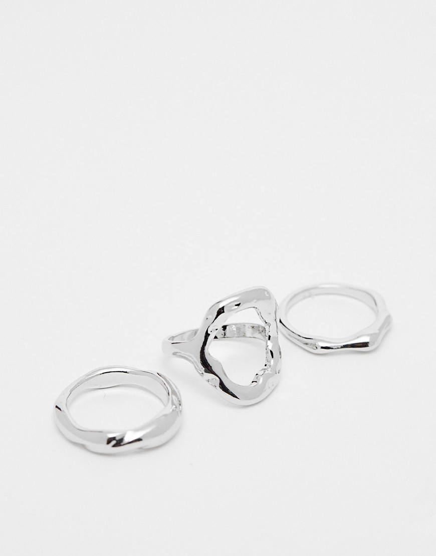 Asos Design Pack Of 3 Rings With Molten Design In Silver Tone In Metallic