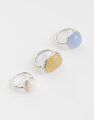 Asos Design Pack Of 3 Rings With Pastel Stone- Part Of A Settings In Metallic