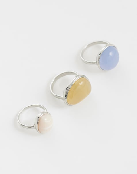 ASOS DESIGN pack of 3 rings with pastel stone- part of a settings in silver tone - view 1