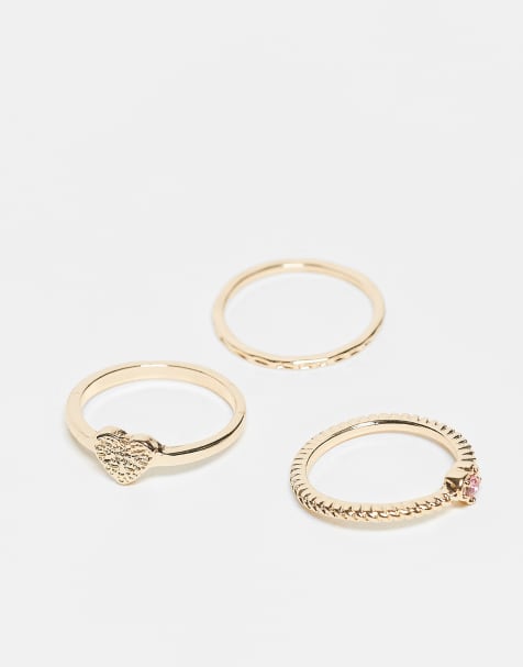 ASOS DESIGN pack of 3 rings with pink sparkly crystal heart design in gold tone - view 1