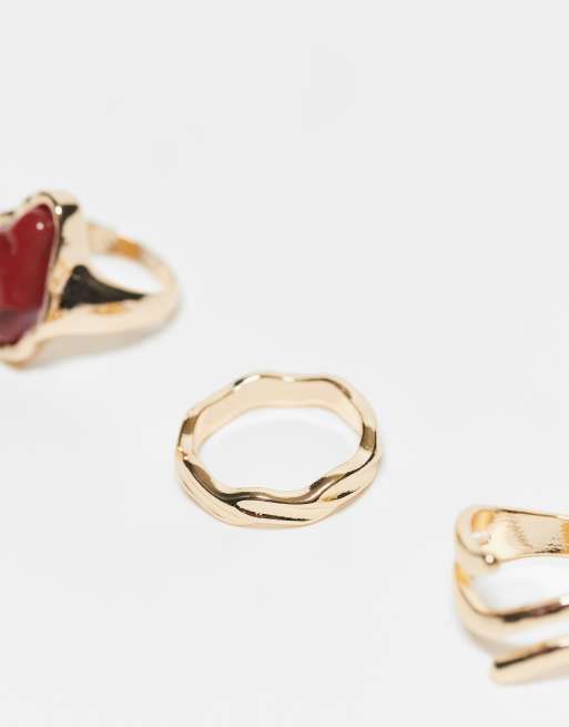 ASOS DESIGN pack of 3 rings with semi precious style red stone in gold tone, 3 of 3