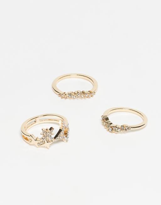 ASOS DESIGN pack of 3 rings with sparkly diamante celestial details in gold tone, 2 of 3