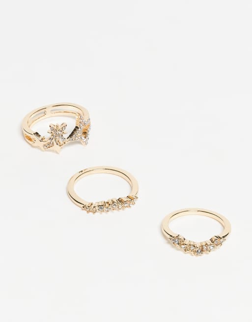 ASOS DESIGN pack of 3 rings with sparkly diamante celestial details in gold tone, 3 of 3
