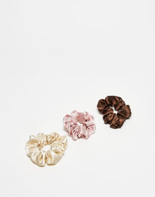 ASOS DESIGN ASOS DESIGN pack of 3 satin scrunchie in brown pink & beige-Multi