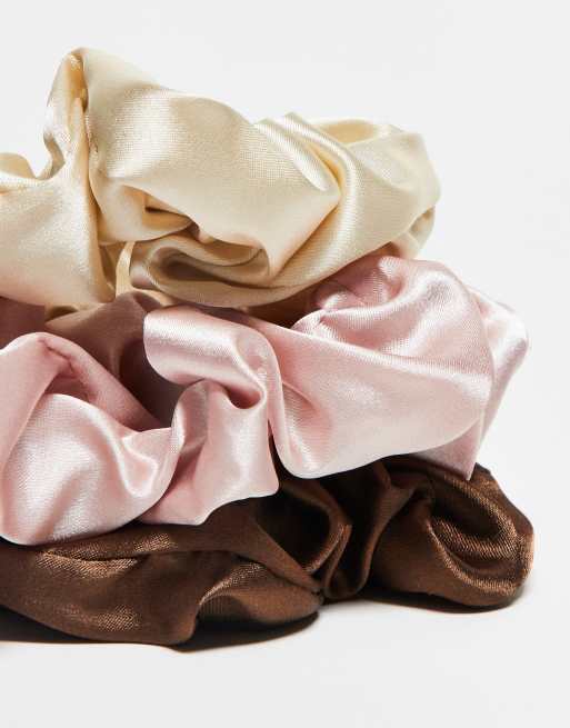 ASOS DESIGN pack of 3 satin scrunchies in brown, pink & beige, 2 of 3