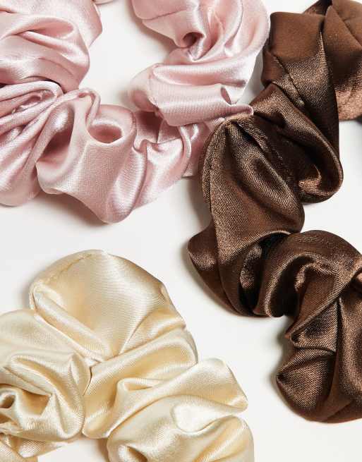 ASOS DESIGN pack of 3 satin scrunchies in brown, pink & beige, 3 of 3